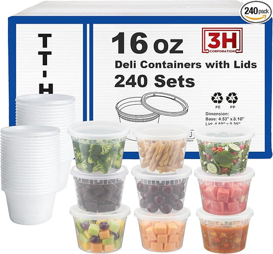 16 oz Food Storage Containers with Lids (240 Set/480 Piece) Small Deli Containers for Soup, Freezer Microwave Safe, BPA-Free Plastic, Stackable Snack Leakproof Leftover Organizers by 3HCORPORATION