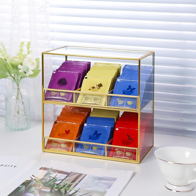REDHUGO Glass Tea Bag Organizer for Counter, 2-Tier Teabag Organizer Storage Holder for Tea Bags, Glass Caddy Box Containers, Rack Teabag Station Stand for Cabinet Kitchen, 2-Tier, Gold - Image 4
