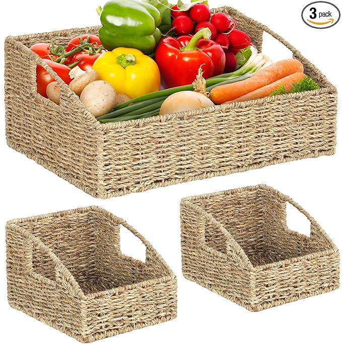 Set of 3 Handwoven Storage Baskets – Decorative Natural Wicker Organizer Bins with Built-in Handles for Bathroom, Kitchen, Pantry, Nursery, Closet, Laundry, Living Room, and Home Use by VINAHAND