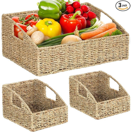Set of 3 Handwoven Storage Baskets – Decorative Natural Wicker Organizer Bins with Built-in Handles for Bathroom, Kitchen, Pantry, Nursery, Closet, Laundry, Living Room, and Home Use by VINAHAND