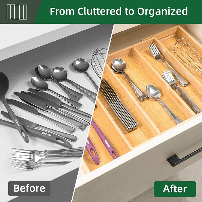 Utoplike Drawer Organizer Kitchen Utensils, Expandable Bamboo Cutlery Tray | Extendable Silverware Holder for Drawer, Flatware Caddy for Organized Kitchen, Apartment and RV, 3-5 Slots - Image 4