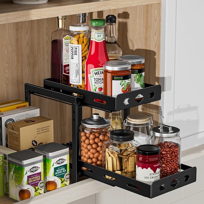 BOIVSHI Spice Rack Organizer for Cabinet, 7.5''Wx10.8''Dx9.2''H | 2 Tier Pull Out Spice Racks for Inside Cabinets, Height-adjustable Metal Spice Rack Maximizes Cabinet Space - Image 4