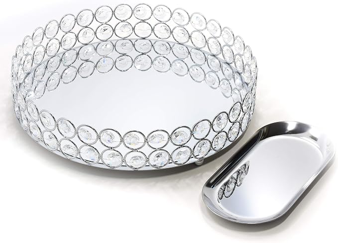 Crystal Decorative Tray Metal Mirrored Perfume Cosmetic Organizer Jewelry Trinket Display Storage Vanity Trays Home Décor Accents Luxury Gift (Round, 10in, Silver) by Lindlemann