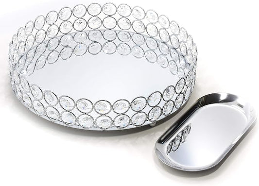 Crystal Decorative Tray Metal Mirrored Perfume Cosmetic Organizer Jewelry Trinket Display Storage Vanity Trays Home Décor Accents Luxury Gift (Round, 10in, Silver) by Lindlemann