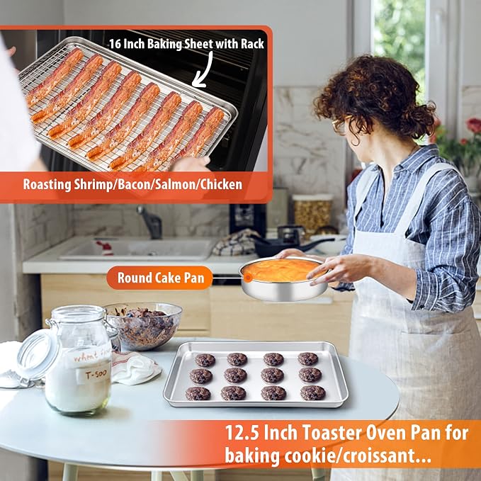 TeamFar Stainless Steel Bakeware Set of 9 | Baking Sheet with Rack, Baking Pan & Pizza Pan, Lasagna Pan with Lid, Square & Round Cake Pan with Lid, Muffin & Loaf Pan - Image 4