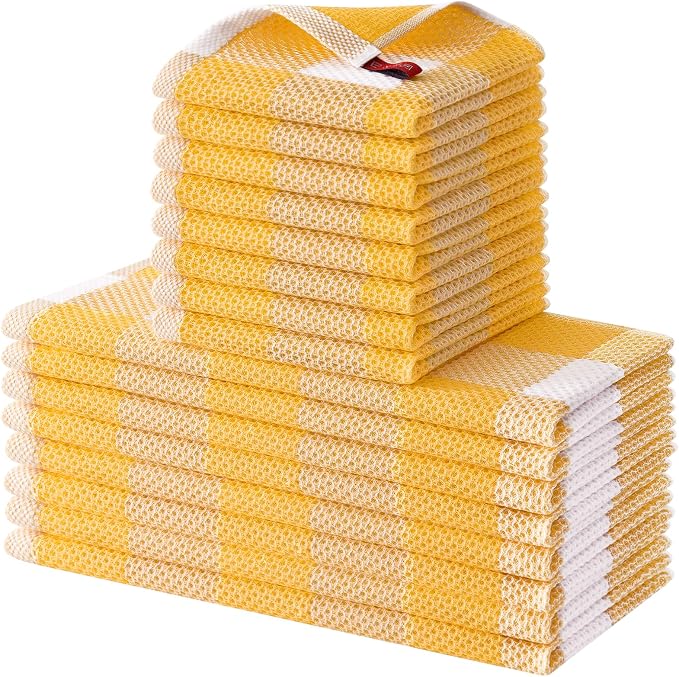 Homaxy Kitchen Towels and Dishcloths Set, Set of 16, White & Golden Yellow | Bulk Cotton Waffle Weave Check Plaid Kitchen Towels, Super Soft and Absorbent Dish Cloths, 12 x 12 and 13 x 28 Inches by Homaxy