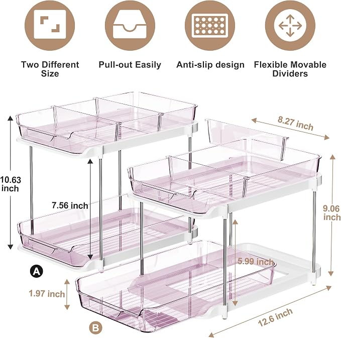 Delamu 2-Tier Multi-Purpose Bathroom Under Sink Organizers and Storage, Stackable Kitchen Pantry Organization, Pull Out Medicine Cabinet Organizer with Movable Dividers, Purple, 2 Pack - Image 2