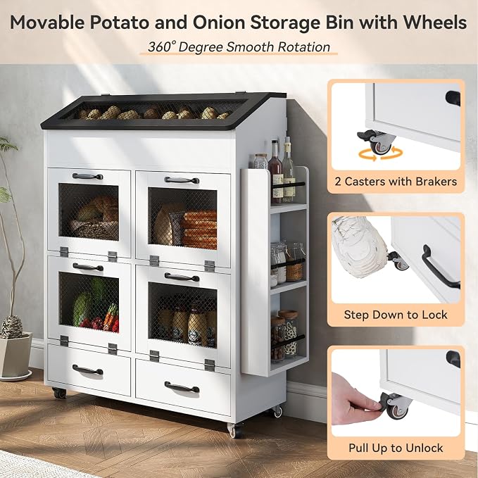 Verano Garden 31.5" Large Potato and Onion Storage Bin on Wheels, Bread Box | Fruit and Vegetable Organizer, Rolling, Side Rack, Flip-top, Mesh Doors, 4-Tier, Grocery Section, Ventilated, Wood, Kitchen - Image 5
