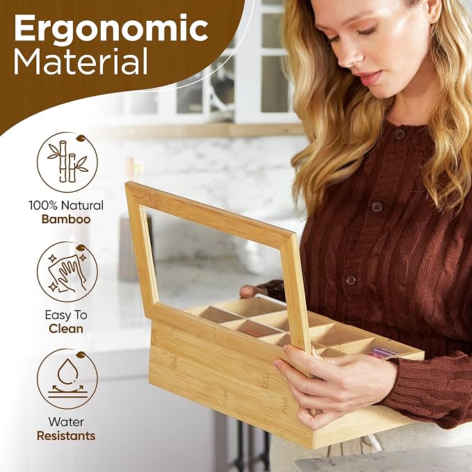 Fuller Bamboo Tea Box Organizer with 8 Compartments – Natural Bamboo Tea Storage Case with Clear Acrylic Lid – Elegant Fuller Tea Caddy for Tea Bags, Coffee Pods, Spices & More – Home & Office - Image 3