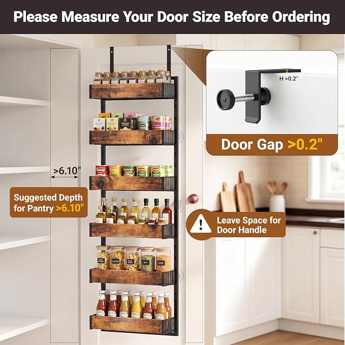 6-Tier Over the Door Pantry Organizer, 2-in-1 Door Hanging or Wall Mounted Spice Rack, Space Saving Metal Storage Shelves with Adjustable Baskets for Kitchen, Closet, Bathroom - Image 2