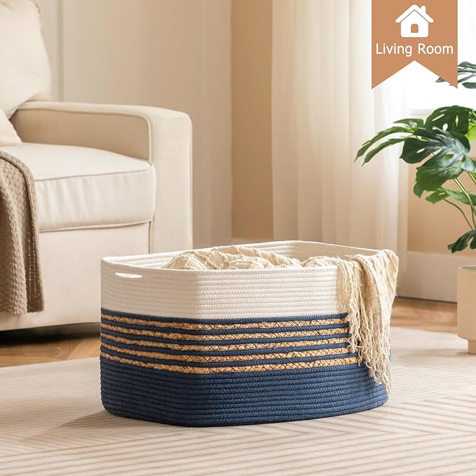 UBBCARE Blanket Basket, Large Rectangle Woven Storage Basket With Handles, Cotton Rope Toy Basket for Living Room, Nursery Baskets for Organizing, 22''L×17''W×12''H, Navy Blue - Image 6