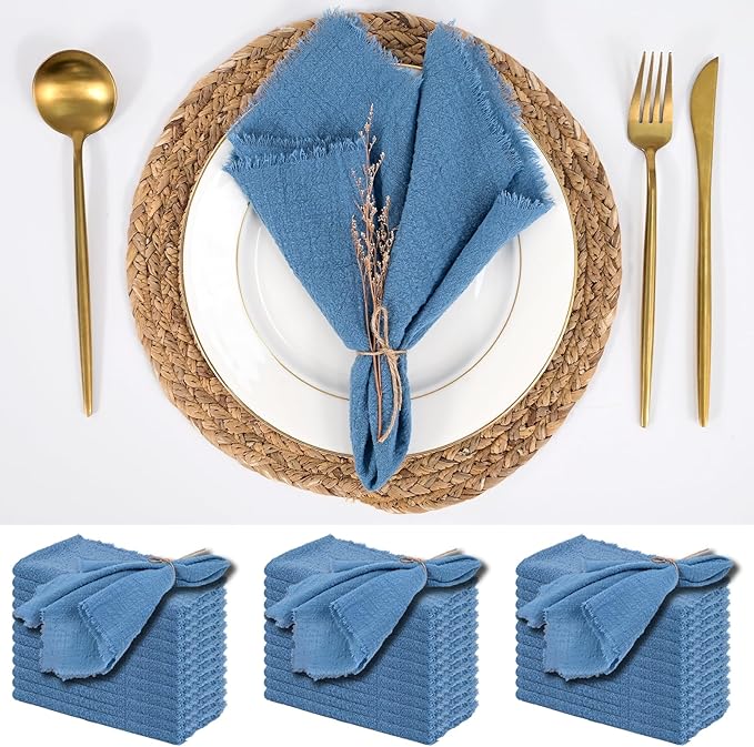 36 Pack Cyan Cloth Napkins, 16 x 16 Inch Cotton with Fringe Settings | Handmade washable reusable cotton dinner napkins in bulk for weddings, parties, rustic boho table settings by FXKS