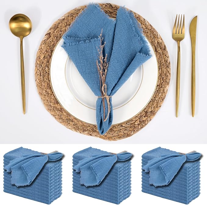 36 Pack Cyan Cloth Napkins, 12 x 12 Inch Cotton with Fringe Settings | Handmade washable reusable cotton dinner napkins in bulk for weddings, parties, rustic boho table settings by FXKS