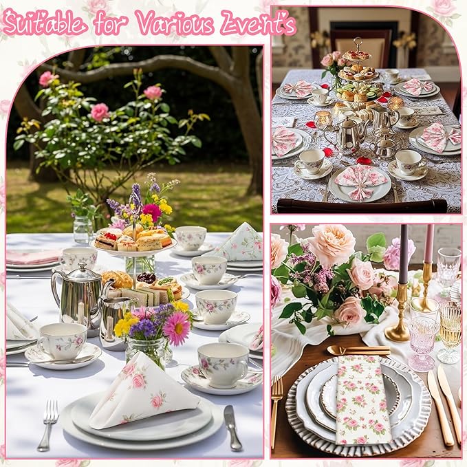 24 Pcs Floral Cloth Napkins 6 Patterns Washable Dinner Tea Party Napkins Reusable Plant Flowers Square Napkin Cotton Towel Decorative for Summer Wildflower Party(Pink Rose) - Image 6