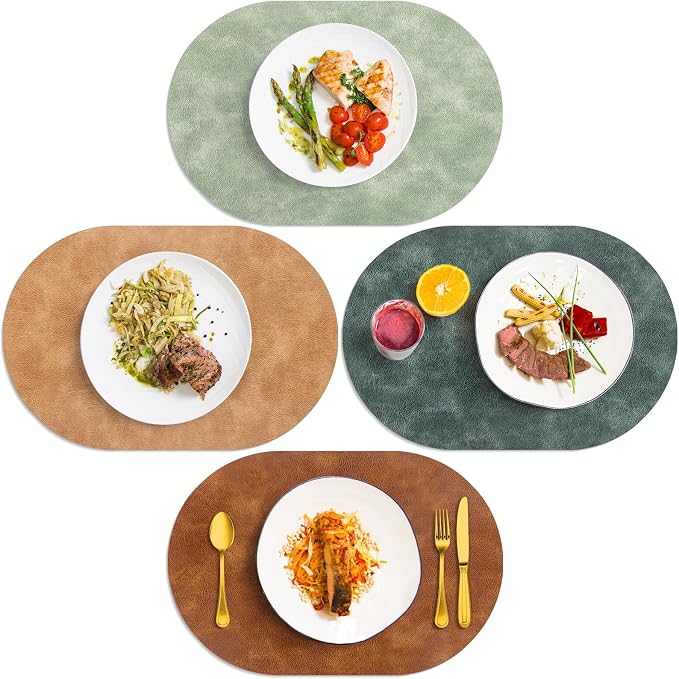 ADRIMER Placemats, Heat Resistant Oval Placemats Set of 4 Washable 12 x 17 Inch, Waterproof Table Mats, Wipeable Pu Place Mats for Kitchen, Dining Room, Turmeric Brown+Light Brown+Green+Blue by Adrimersdreamistobeanindispensablecompanioninyourlife
