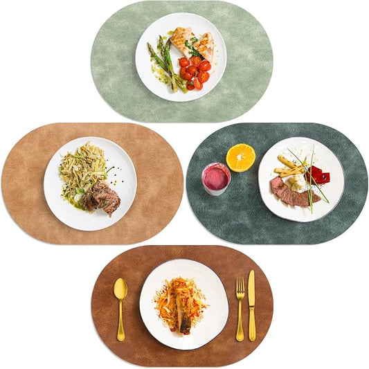 ADRIMER Placemats, Heat Resistant Oval Placemats Set of 4 Washable 12 x 17 Inch, Waterproof Table Mats, Wipeable Pu Place Mats for Kitchen, Dining Room, Turmeric Brown+Light Brown+Green+Blue by Adrimersdreamistobeanindispensablecompanioninyourlife