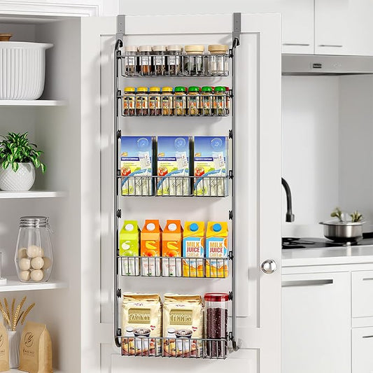 Delamu Over The Door Pantry Organizer, 5-Tier Pantry Door Organizers and Storage with Adjustable Basket, Metal Hanging Spice Rack, Seasoning Organizer, Door Organizer for Home Kitchen Bathroom, Black by DELAMU