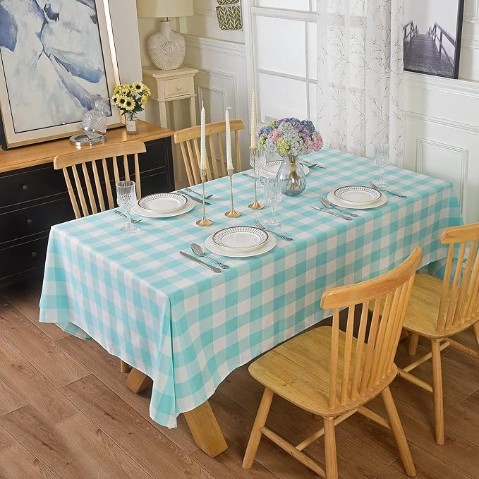 Cupuamon 2 Pack Waterproof Polyester Fabic Rectangle Checkered Tablecloth，60x120 Outdoor Table Cloth，Oil Stain Prevention Table Cloth for Pinics and Parties（Aqua and White） by Cupuamon
