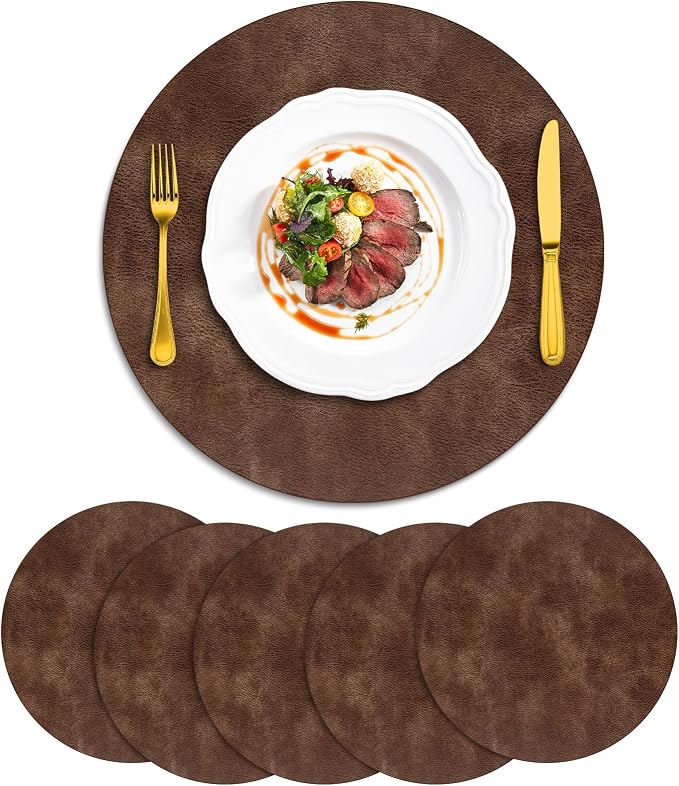 ADRIMER Placemats, Heat Resistant Round Placemats Set of 6 Washable, Waterproof Table Mats, Wipeable Faux Leather Place Mats for Kitchen, Dining Room, Brown by Adrimersdreamistobeanindispensablecompanioninyourlife