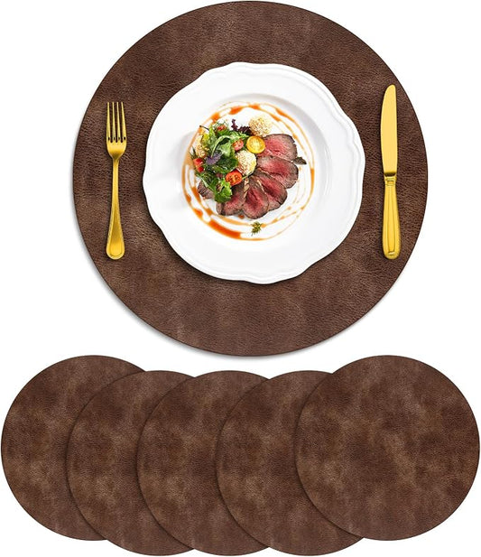 ADRIMER Placemats, Heat Resistant Round Placemats Set of 6 Washable, Waterproof Table Mats, Wipeable Faux Leather Place Mats for Kitchen, Dining Room, Brown by Adrimersdreamistobeanindispensablecompanioninyourlife