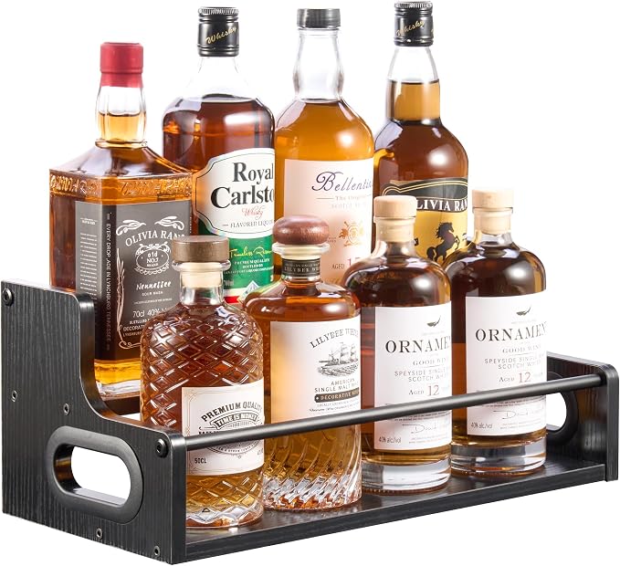 YQBRAO 2-Tier Liquor Bottle Display Shelf, 16-Inch, Black | Holds up to 12 bottles with clear stepped visibility for whiskey, bar carts, compact counters, and home bars. by Unknown
