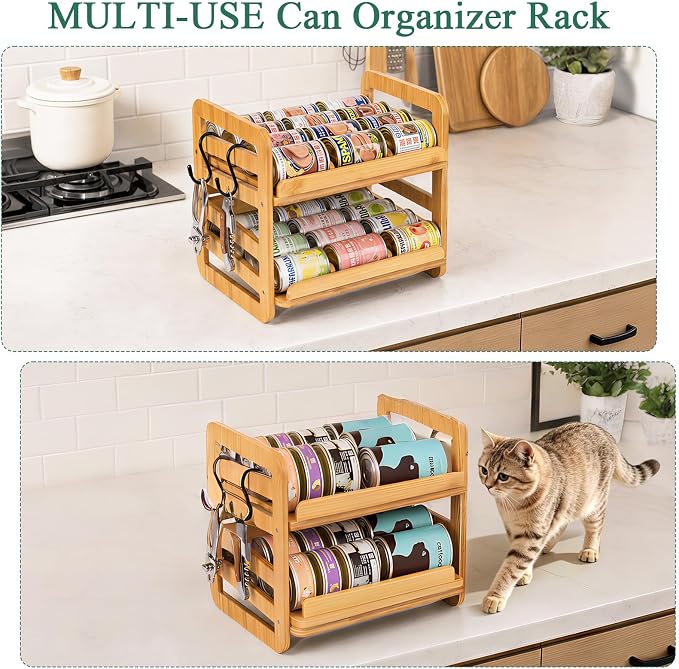 Bamboo Rolling Can Organizer for Pantry: Double-Tier Automatic Rolling Cans Dispenser Rack with Hooks, Can Holders Dispensers for Pantry for Kitchen Cabinet - Image 6
