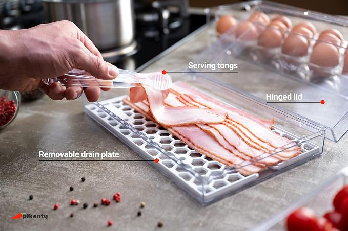 Pikanty Bacon Container for Refrigerator with Tongs & Drain Tray — Airtight Deli Meat Keeper, Cheese & Cold Cuts Storage, Dishwasher & Freezer Safe, Made in USA - Image 4