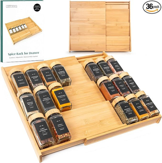 Bamboo Spice Drawer Organizer - Expandable 4 Tier Spice Rack (Need 3" Deep Drawer) 12" to 24" Wide, Seasoning Organizer, Organization Seasoning Rack insert (Jars Not Included) by EDELHAUS