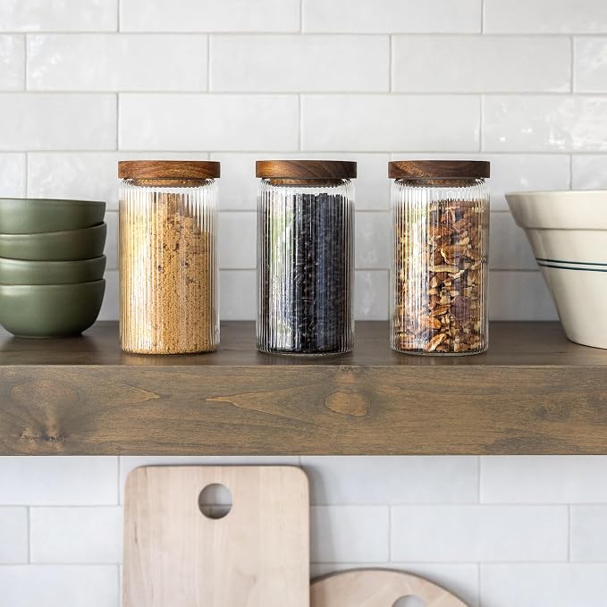 Mason & Fable Ribbed Glass Jars with Wooden Lid 27 fl oz- Set of 3 | Airtight Fluted Storage Container for Pasta, Coffee, Candy, Dog Treats, Snacks | Glass Organization Canisters for Home & Kitchen - Image 2