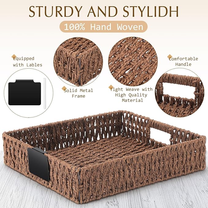 Marsui 9 Pcs Paper Rope Storage Baskets with Handle Labels Handwoven Multi-size Brown Storage Bins for Organizing Small Baskets Container for Shelves Closet Pantry Toilet - Image 3