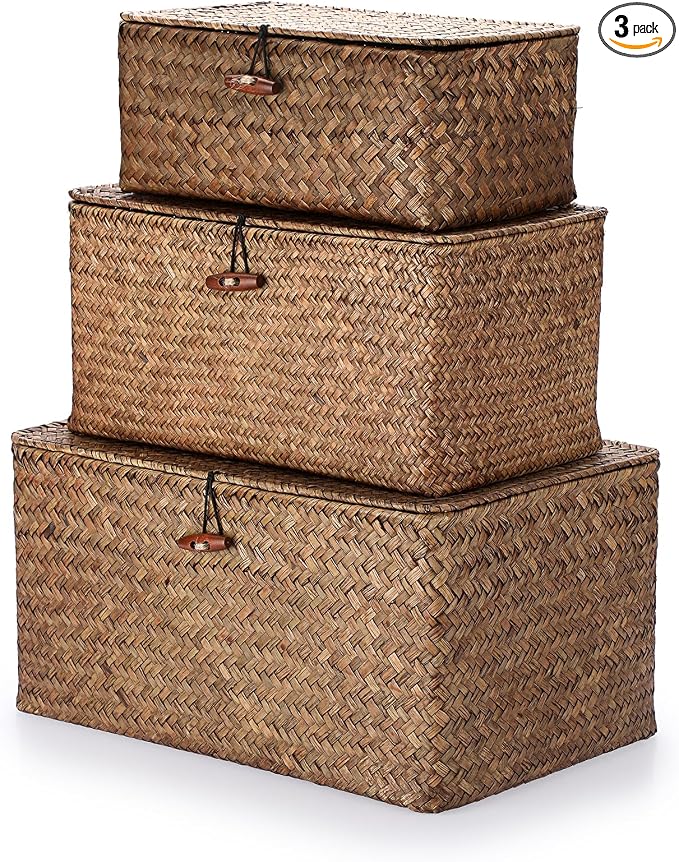 Hipiwe Set of 3 Seagrass Storage Baskets with Lid - Large Woven Wicker Bins | Rectangular Storage Basket Box Home Decor Household Organizer Boxes Shelf Wardrobe Organizer, Coffee by Hipiwe
