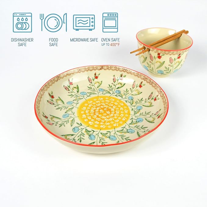Ceramic Ramen Bowl Set | Ella Collection by Euro Ceramica | Salad Soup Ramen Bowl 2 Sizes Included with Chopsticks | Microwaveable Bowl for Ramen, Noodles, Pho, and Udon - Red Floral Design - Image 3