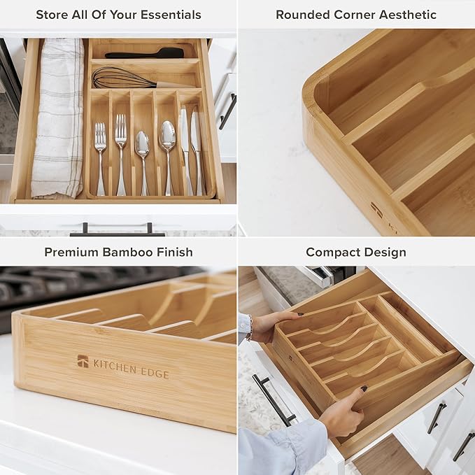 Silverware & Utensil Organizer, Fixed 10.5 in, Bamboo | Cutlery, flatware holder, rounded corners, 7 compartments, non-slip feet, kitchen drawers - Image 4