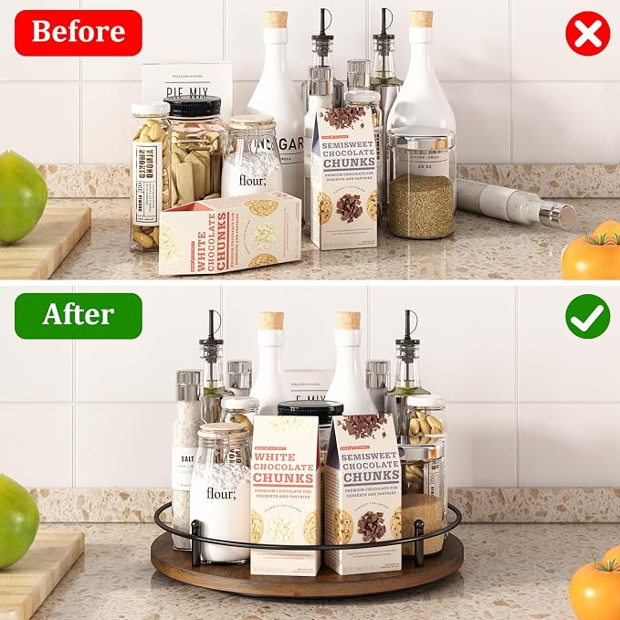 12" Lazy Susan Turntable Organizer,Round Wooden Lazy Susan Organization and Rotating Spice Rack for Dining Table,Pantry,Kitchen Countertop,Vanity,Cupboard and More.Vintage Wood(Round) - Image 5