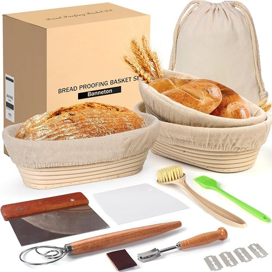 Banneton Bread Proofing Basket Set, 11 Inch Sourdough Proofing Basket and Bread Baking Supplies-Bread Lame, Danish Whisk, Bowl & Dough Scraper, Brush, (Plastic, 9in Oval + 10in Oval+11in) by LOKEISNA