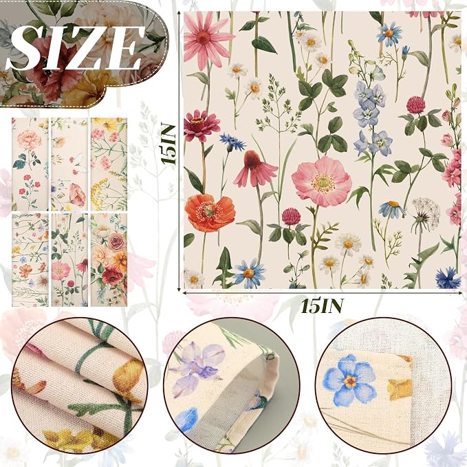Funnymoom 24 Pcs Butterfly and Wildflowers Floral Napkins Cloth Spring Cloth Napkins Reusable Plants French Retro Toile Dinner Soft Absorbent for Summer Holiday Party - Image 3
