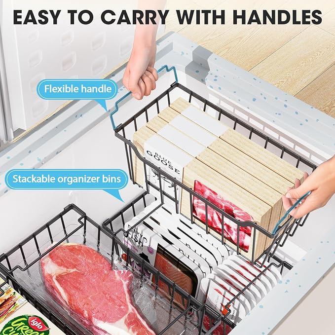 SUNALLY Freezer Organizer Bins, 4 Pack Stackable Chest Freezer Organizer for 5-7 Cu.FT Deep Freezer Sort Frozen Meats and Food, Freezer Storage Baskets with Handles Easy Reach from Bottom, Black | Chest Freezer Organizer for 5-7 Cu.FT Deep Freezer to S... - Image 4