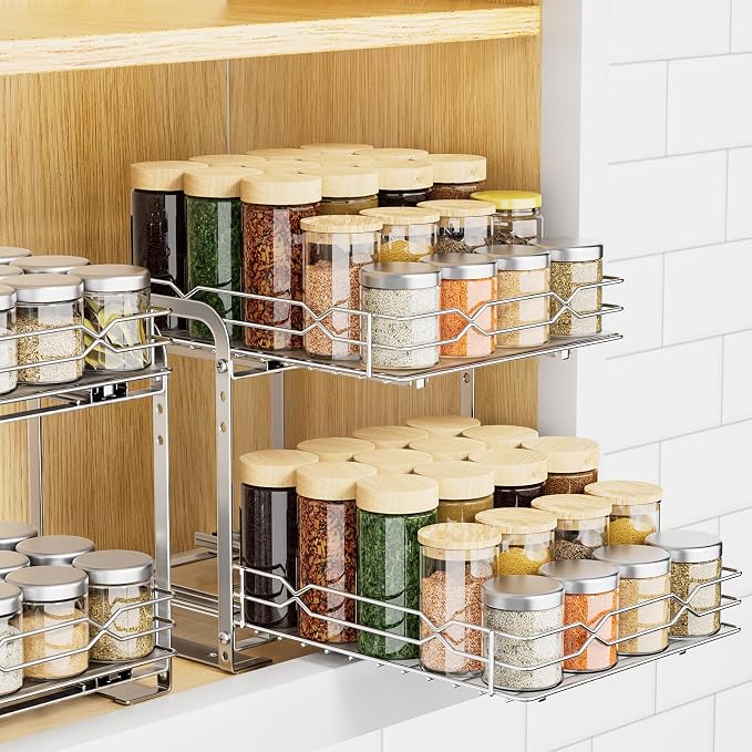 RCHYFEED Pull Out Spice Rack, 2 Tier Height Adjustable Vertical Spice Rack | Chrome,Tape or Screw Mount Available, Heavy Duty Sliding Spice Rack 9.2W x 10.4D x 9.8H, Fits Cabinets with or without Lip by RCHYFEED