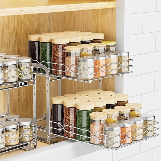 RCHYFEED Pull Out Spice Rack, 2 Tier Height Adjustable Vertical Spice Rack | Chrome,Tape or Screw Mount Available, Heavy Duty Sliding Spice Rack 9.2W x 10.4D x 9.8H, Fits Cabinets with or without Lip by RCHYFEED