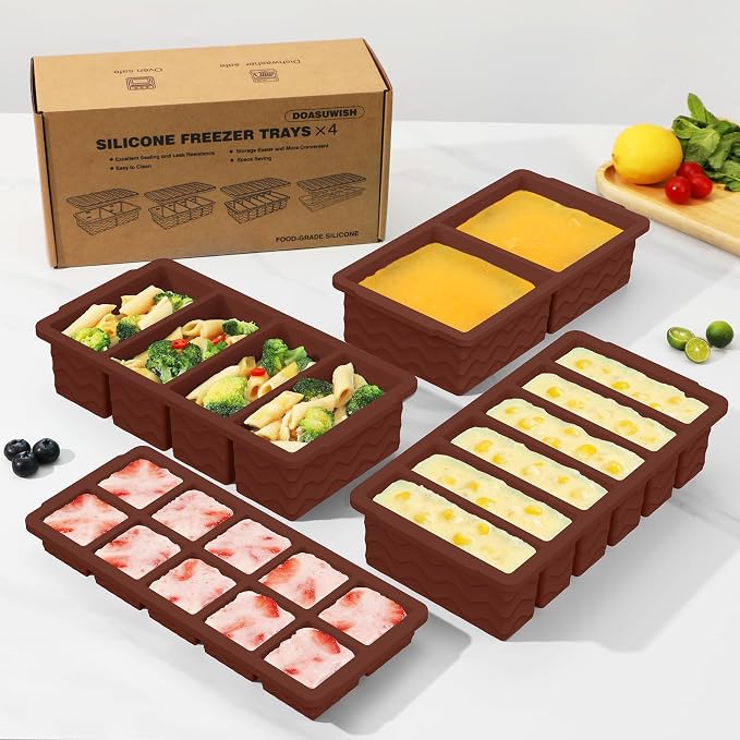 Silicone Freezer Trays with Lid (4-Pack), 1-Cup, 2-Cup, 1/2-Cup & 2-Tbsp Silicone Freezer Molds, Stackable Soup Freezer Meal Prep Containers,Ice Cube Tray for Making Sauce,Smoothies,Yogurt Bites - Image 8