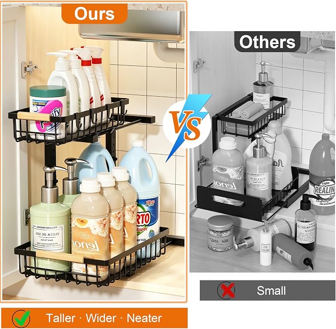 Under Sink Organizer, Adjustable 2 Tier Pull Out Kitchen Bathroom | cabinet organizer, 5 level adjustable, quiet sliding rails, dual suction and nano tape, no drill, rust resistant holds 50 lbs - Image 4