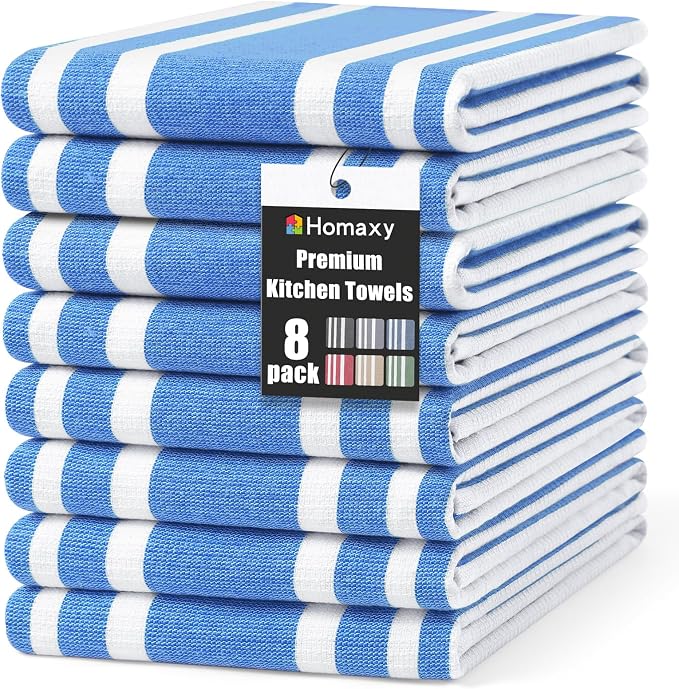 Homaxy Premium Cotton Stripe Kitchen Towels 8 Pack, 18"x 28", Blueberry | Large 380 GSM Kitchen Hand Towels, Soft Terry Dish Towels, Highly Absorbent Tea Towel Set with Hanging Loop by Homaxy