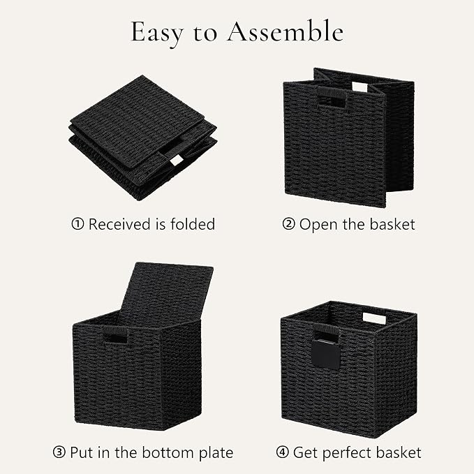 UBBCARE 2 Pack Wicker Basket, 10.5×10.5 Storage Cubes with Label, Foldable Cube Storage Bin with Handle, Square Storage Basket for Shelves, Woven Paper Rope Basket for Organizing, Black - Image 7