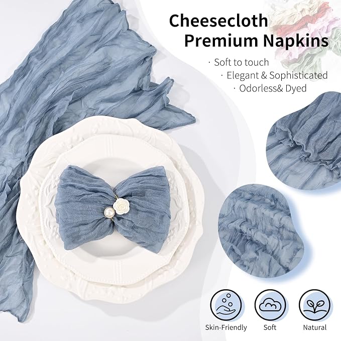 100 Pack Dusty Blue Cheesecloth Napkins 20"x20" Boho Washable Cloth Napkins Set of 100 Wrinkled Cheese Cloth Napkins Gauze Dinner Table Napkin for Wedding Party Baby Shower Birthday Decor - Image 3