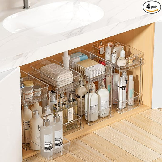 Vtopmart 4 Pack Taller Pull Out Bathroom Under Sink Organizer (S-Higher) | Slide-out drawers, Multi-purpose storage, Clear visibility, Easy Set-up by Vtopmart