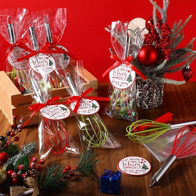 FoldTier 36 Sets 10 Inch Christmas Whisks Gifts DIY Fillable Christmas Tree Ornaments Xmas Colored Silicone Whisks for Cooking Heat Resistant Egg Beaters with Card Rope Bag for Candy Holder - Image 4