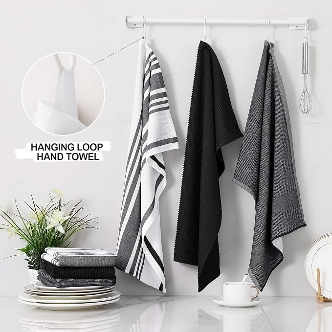 Homaxy Cotton 380 GSM Premium Kitchen Towels, 18"x 28", 9 Pack, Black | Soft and Absorbent Terry Dish Towels, Multipurpose Tea Towel Set with Hanging Loop, 3 Styles Kitchen Hand Towels - Image 3