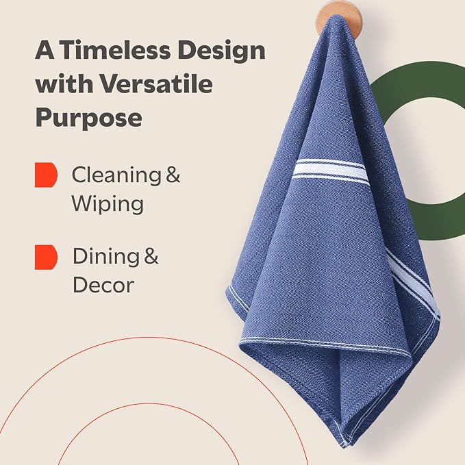 Zeppoli Classic 15 Pack 100% Natural Cotton Kitchen Towel Set, Reusable Wash Cloths, Absorbent Dish Towels, Machine Washable Hand Towels, Kitchen Essentials, 14" x 25" - Navy Blue - Image 5