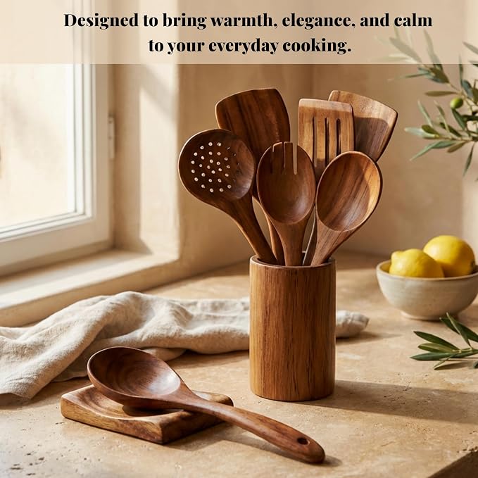 9 Piece Teak Wooden Spoons, Spatula & Ladle Set, Non-Stick Safe, Food Grade | Set of 7 Versatile Wood Spatula for Cooking & Serving, Includes Utensil Holder & Spoon Rest, Modern Kitchen Utensils & Tools - Image 4