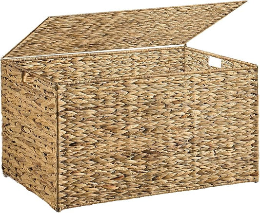 Water Hyacinth Storage Basket with Lid, 52.8 Gallon (200L) Wicker Storage Trunk with Handles, Handwoven Large Wicker Storage Basket for Blanket, Foldable, for Living Room, Bedroom, Natural by MOORLITER